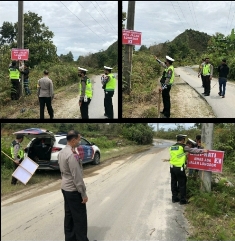 Satlantas Polres Humbahas Pasang Himbauan Rawan Longsor & Laka Lantas di Jalan Doloksanggul - Parlilitan