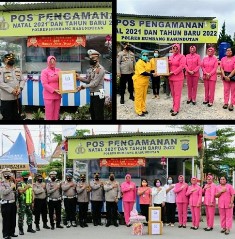 Kapolres Cek Pos Pam Nataru, Kacab Bhayangkari Beri Bingkisan ke Petugas